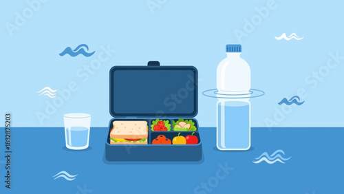 Healthy Lunchtime Essentials: A Wholesome Meal Featuring Food and Hydration for Every Day