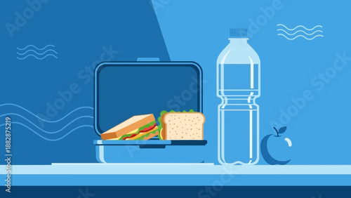 Healthy Lunchtime Essentials: A Wholesome Meal Featuring Sandwich, Apple, and Water Bottle