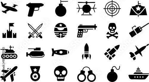 Military Icon Set – Weapons, Tanks, Aircraft, Bombs, Soldiers and Combat Equipment Vector EPS