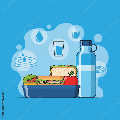 Healthy Lunchtime Essentials: Water Bottle, Sandwich, and Apple Against a Blue Background