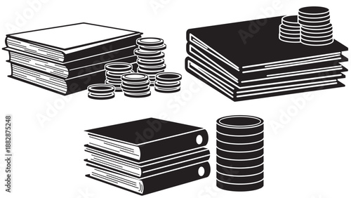 Solid Icon Illustration Of Folded Legal Files Stacked Beside A Coin Pile Representing Financial Records, Accounting And Legal Billing