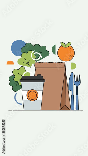 Healthy Lunchtime Illustration: Fresh Food Elements, Beverage, and Eco-Friendly Packaging