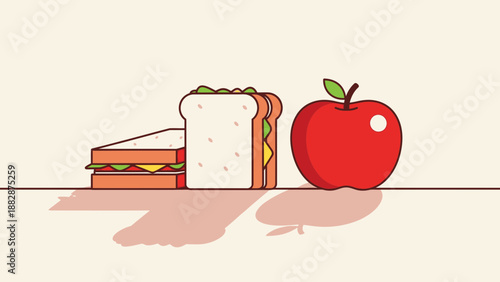 Healthy Lunchtime Illustration Featuring Sandwiches and a Delicious, Shiny Red Apple