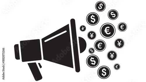 Solid Megaphone Illustration Emitting Currency Coins And Symbols To Represent Financial Marketing, Monetization, Promotional Campaigns And Paid Outreach