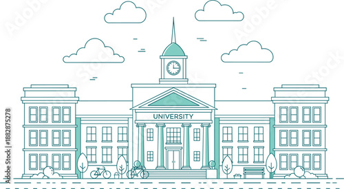 Professional line art illustration of a classical university building facade with a clock tower and clouds.