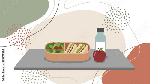 Healthy Lunchtime Presentation Featuring Sandwiches, Apple, And Beverage on a Table