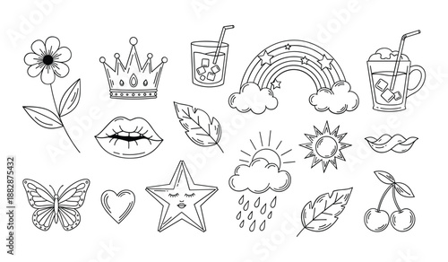 Hand Drawn Doodle Icons Featuring Nature, Objects, and Symbols drawing outline