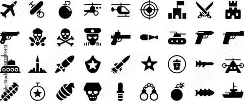 Military Icon Set – Weapons, Tanks, Aircraft, Bombs, Soldiers and Combat Equipment Vector EPS