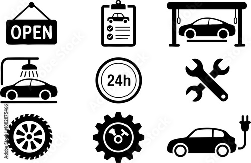 Auto Service and Repair Icon Set – 24 Hour Garage, Tools, Car Wash, and Maintenance Vector EPS
