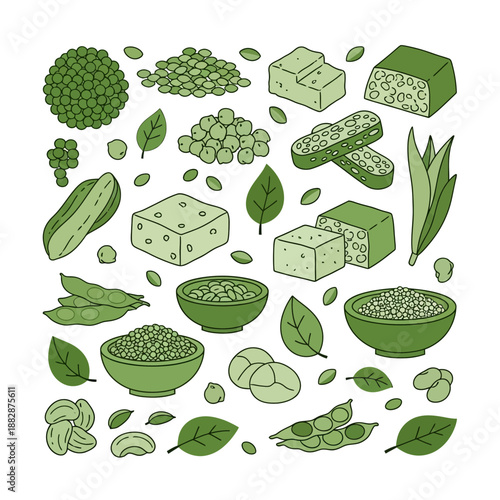 Illustrated Assortment of Fresh Green Vegan Food Items, Healthy Cuisine and Organic Delights