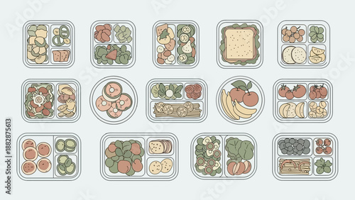 Illustrated Assortment of Meal Prep Containers Showcasing Fresh Produce and Balanced Foods