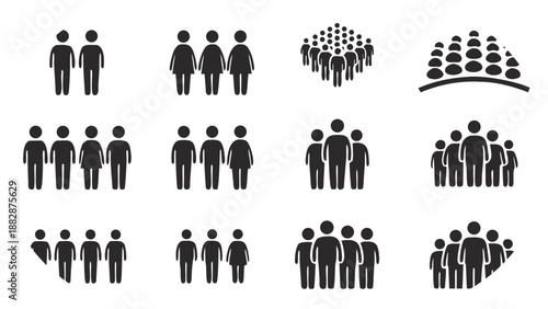 Collection of diverse group and crowd silhouettes on white background people