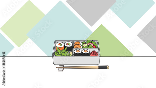 Illustrated Bento Box Of Sushi And Chopsticks With Geometric Background Elements
