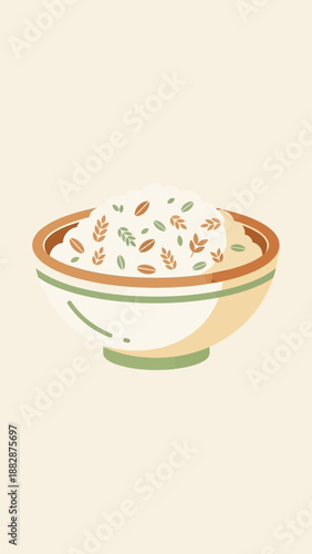 Healthy Oatmeal Breakfast Bowl Illustration Depicting Nutritional Grains And Plant-Based Ingredients