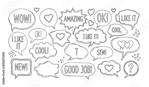 Hand Drawn Speech Bubbles with Words and Symbols text message