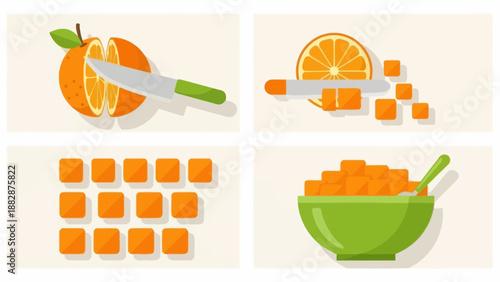 Healthy Orange Preparation Process Illustrated in Four Panels for a Clean and Modern Design