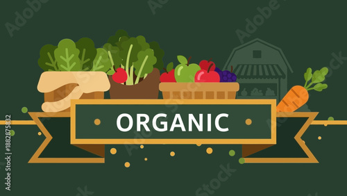 Healthy Organic Produce Illustration with Fresh Vegetables and Fruits in Baskets