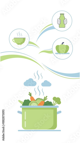 Illustrated Culinary Creation: Steaming Pot, Fresh Produce, Beverages Depicting Healthy Eating