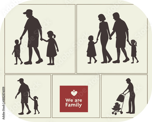 Collection of family silhouettes with parents and children walking and a baby stroller people togetherness