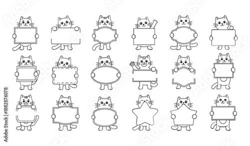 Collection of cute cartoon cats holding various blank frames and signs kitten