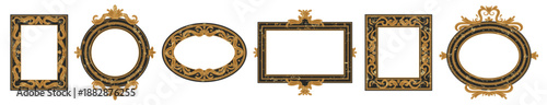Set of old vintage frames with intricate gold flourishes, filigree borders in ornate baroque style