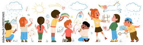 Cute little children happy characters painting and drawing on wall with colorful chalk pieces