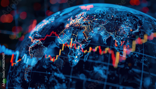 Wallpaper Mural Global market data visualization world map with glowing city points and financial chart lines Torontodigital.ca