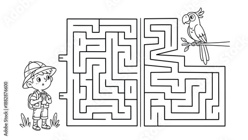 a black and white maze illustration featuring a boy a parrot and a challenging path to find the