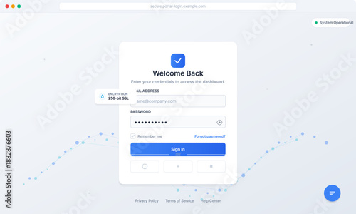 The screen shows a login portal where users enter their email address and password to access a secure dashboard. There is a prompt for password recovery and a reminder option.