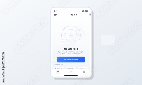 A mobile device displays a diagnostic screen indicating no data feed during a scanning process for vector signals. The user can initialize the scanner from this screen.