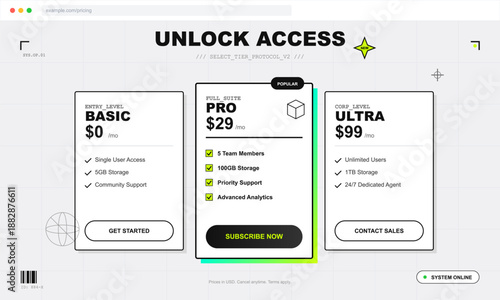 A screen shows three subscription plans for a service. Each plan has different features and prices. Users can choose a plan and subscribe for access.