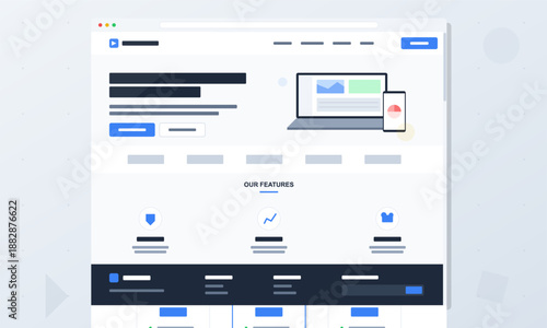 A display of a website layout highlighting various features and design sections. The layout features a header, images, text sections, and icons that explain services.