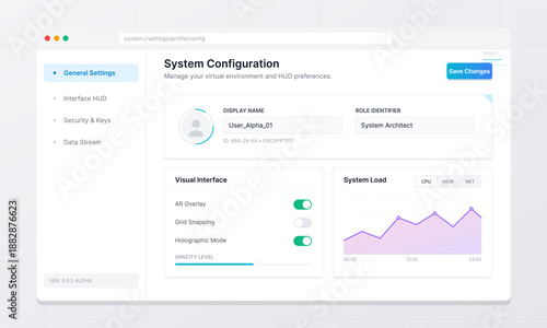 User settings are displayed on a digital dashboard showing system configuration options. The interface includes information on system load and user role details.