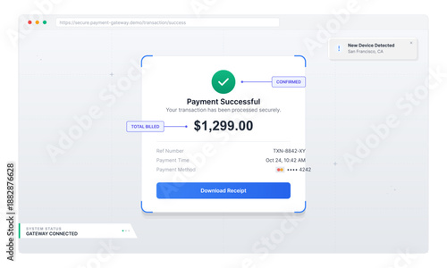 Screen shows confirmation of a payment of $1,299 with a reference number and a note to download the receipt for record-keeping purposes.
