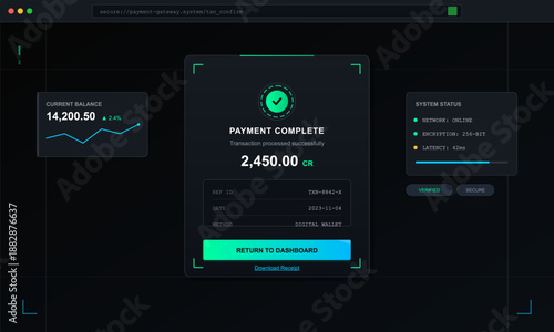 A digital screen shows a payment confirmation with transaction details. It states the payment was successful and displays the current balance. The date is visible along with other system information.