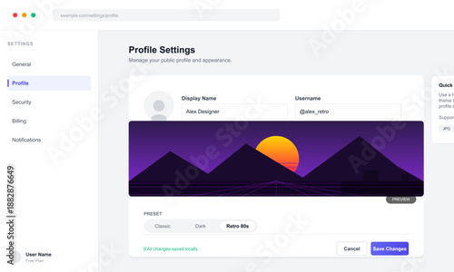 A user views the profile settings screen on a device. There are fields for display name and username. A sunset scene with mountains is seen in the preview section.