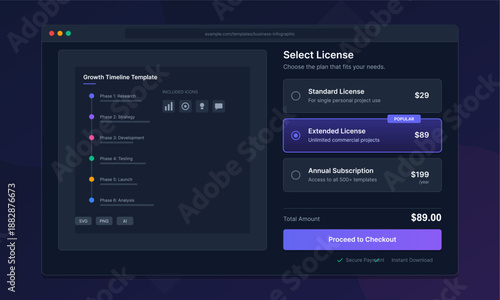User selects a license plan for digital project tools on a computer screen. The display shows details about standard and extended options with pricing.