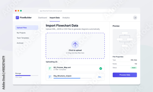 User uploads files for flowchart creation through a dashboard interface on a web application. The upload is in progress for project data integration.