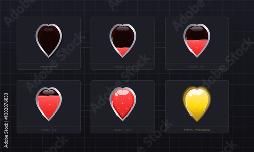Digital screen shows heart symbols in various states and colors. Hearts represent health levels with indicators ranging from empty to full. This visual appears during gameplay.
