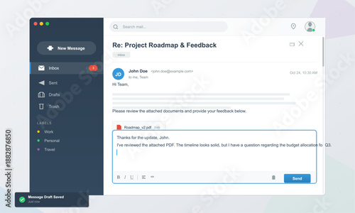 John Doe sends an email to his team regarding project updates. He thanks them for feedback and asks a question about the timeline outlined in a PDF document.