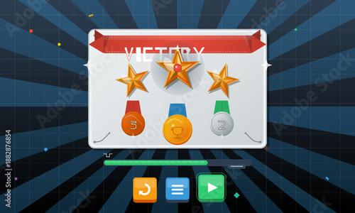 A game screen displays a victory message with three golden stars and a progress bar. There are coins shown along with buttons for replay and next action.