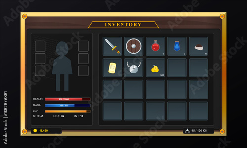 The screen displays a player's inventory in a role-playing game. It shows health, mana, experience points, and various items including weapons and gold coins.