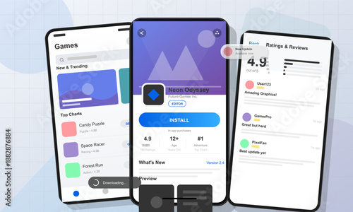Three phone screens show a game app's download page with ratings and reviews. The first screen lists new and trending games while others highlight app details and feedback.