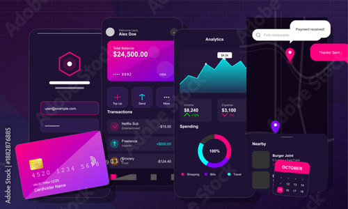 Multiple screens display a digital wallet. Users can see their balance, a spending analysis graph, and recent transactions. Information appears in a tech setting.