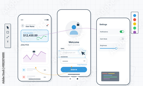 A user interacts with an online banking app showing account balance and options for settings. The screen includes a sign-in area for secure access to funds.