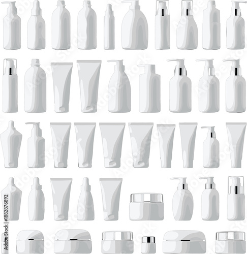 Professional blank white cosmetic packaging mockups featuring pump bottles tubes and cream jars for branding.