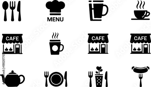 Café and Restaurant Icon Set – Coffee Cup, Menu, Teapot, Cutlery, and Diner Sign Vector EPS