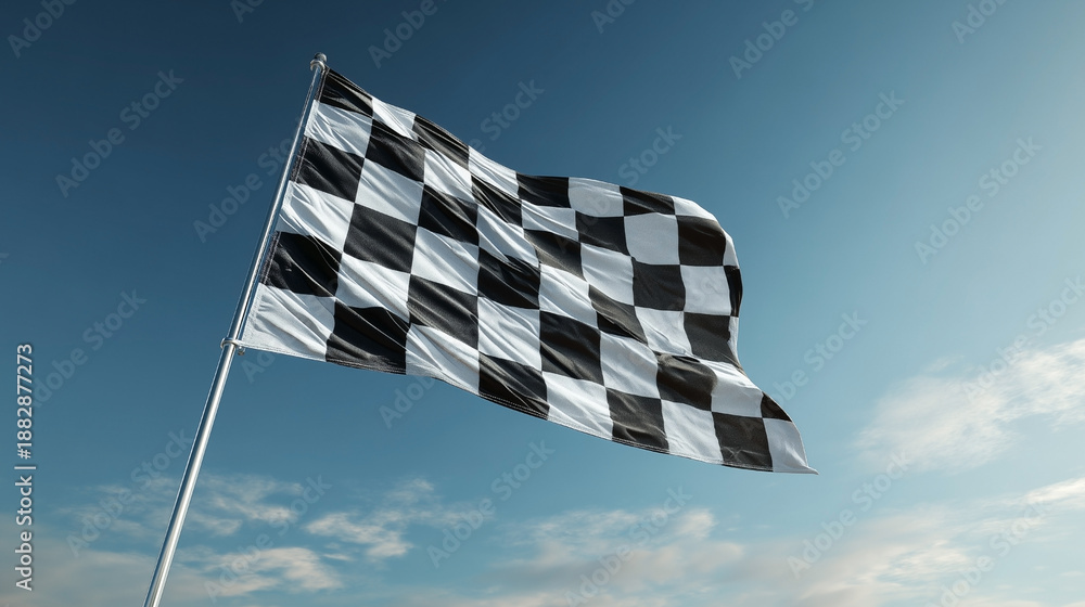 Fototapeta premium A black and white checkered flag is flying in the sky