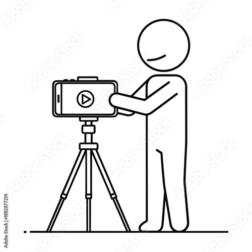 Stick figure holding a smartphone on a tripod for recording video person mobile phone