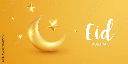 Vector background "Eid Mubarak and Ramadan Kareem" with a golden crescent moon. Beautiful illustration.